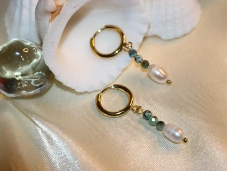 gold hoops with natural stones and pearls